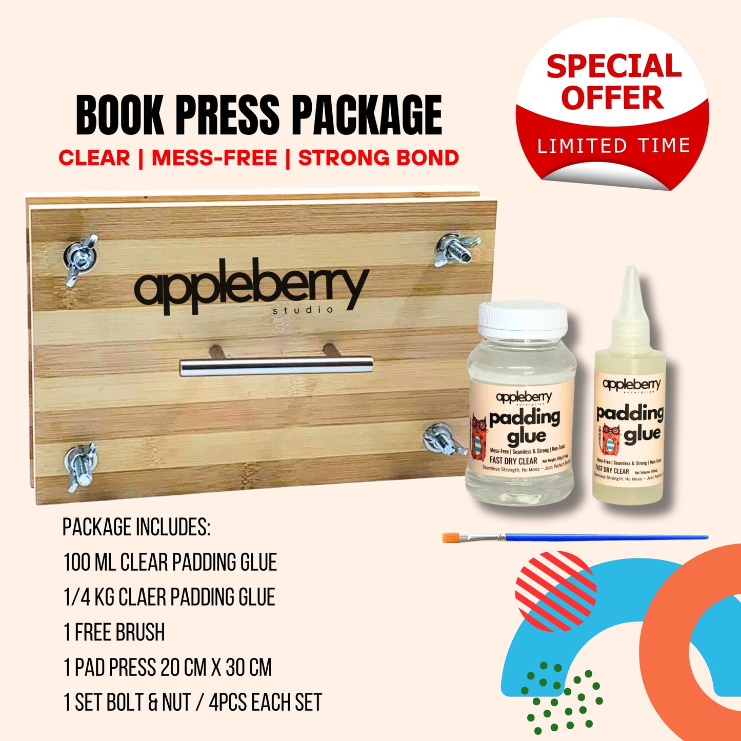 BOOK PRESS / PAD PRESS Package with Mess FREE Clear Padding Glue and FREE BRUSH